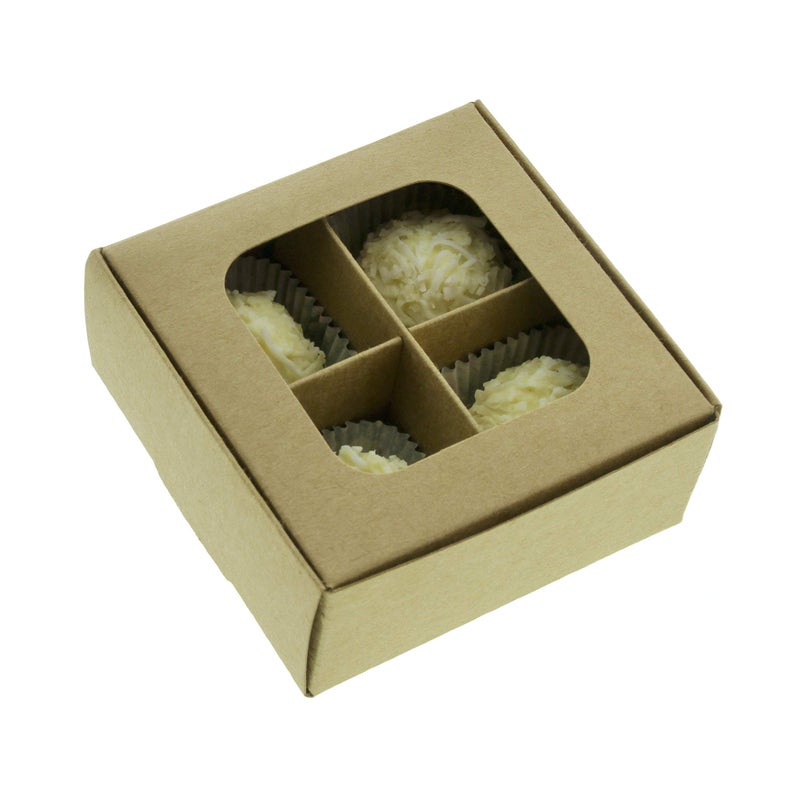 GRETEL BAKING 20pcs Kraft Treat Boxes with Window and Dividers | 4 X-SMALL compartments | 3.5 x 3.5 x 1.57 in | Empty candy boxes for gift giving, truffle box - perfect for Valentine's Day - Image 1